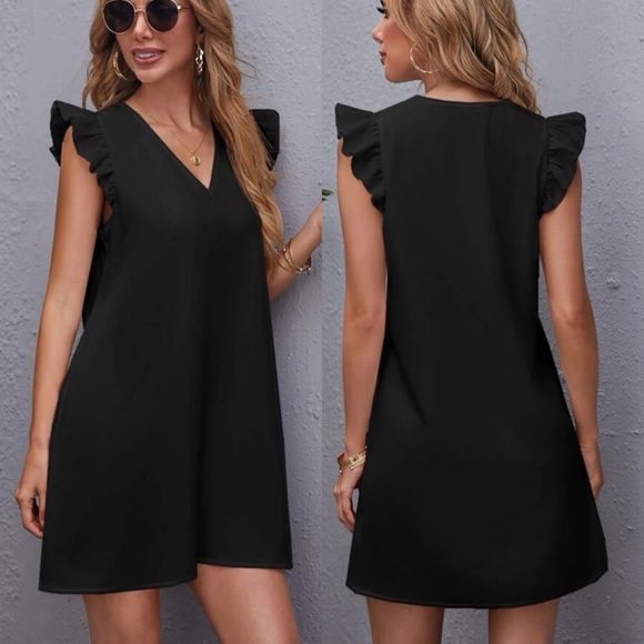 Ruffle tank sleeveless v neck solid tunic dress yellow - Picture 5 of 5